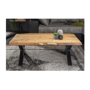Table basse ARKAYA en acacia 110cm avec pieds en forme de X noirs vue de face