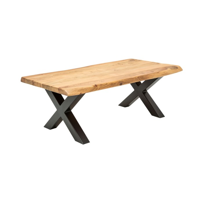 Table basse ARKAYA en acacia 110cm avec pieds en forme de X noirs