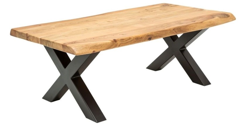 Table basse ARKAYA en acacia 110cm avec pieds en forme de X noirs