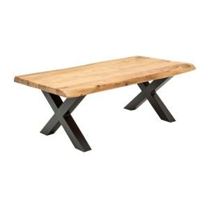 Table basse ARKAYA en acacia 110cm avec pieds en forme de X noirs