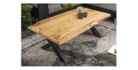 Table basse ARKAYA en acacia 110cm avec pieds en forme de X noirs vue de haut