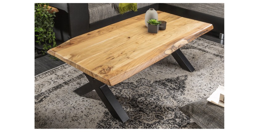 Table basse ARKAYA en acacia 110cm avec pieds en forme de X noirs vue de haut
