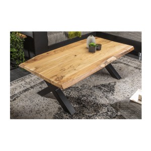 Table basse ARKAYA en acacia 110cm avec pieds en forme de X noirs vue de haut