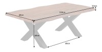 Table basse ARKAYA en acacia 110cm avec pieds en forme de X noirs dimensions
