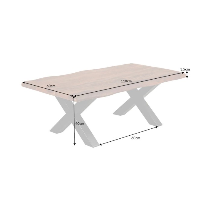 Table basse ARKAYA en acacia 110cm avec pieds en forme de X noirs dimensions