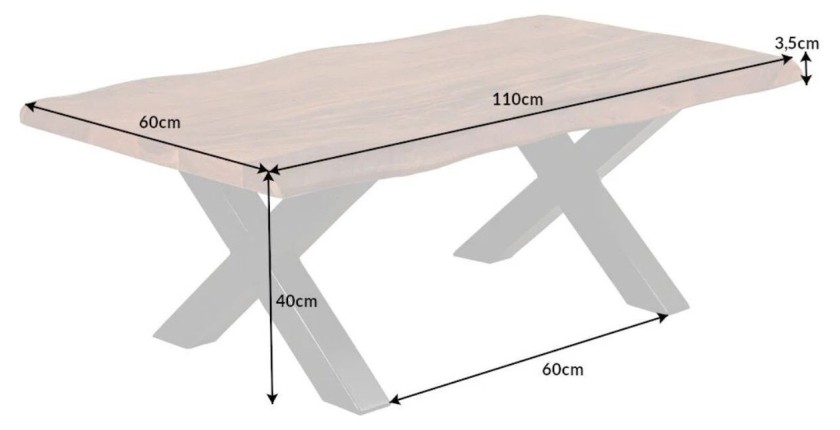 Table basse ARKAYA en acacia 110cm avec pieds en forme de X noirs dimensions