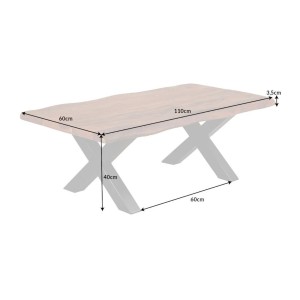 Table basse ARKAYA en acacia 110cm avec pieds en forme de X noirs dimensions