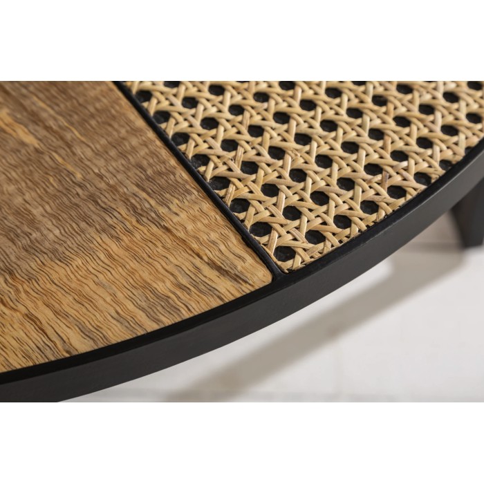 Tavolini bassi nidificati KANEVIA rotondi in legno di mango massiccio, rattan e metallo nero