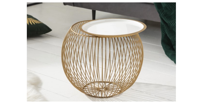 Mesa baja ELYSKA redonda de 41 cm en metal dorado con bandeja extraíble de 32 cm estilo chic
