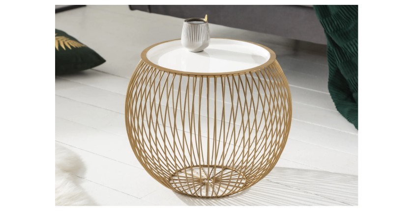 Mesa baja ELYSKA redonda de 41 cm en metal dorado con bandeja extraíble de 32 cm estilo chic