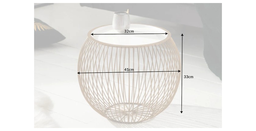Mesa baja ELYSKA redonda de 41 cm en metal dorado con bandeja extraíble de 32 cm estilo chic