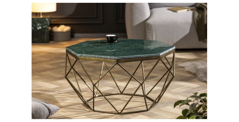 Table basse NEXORA 70cm avec plateau en marbre vert vue de face