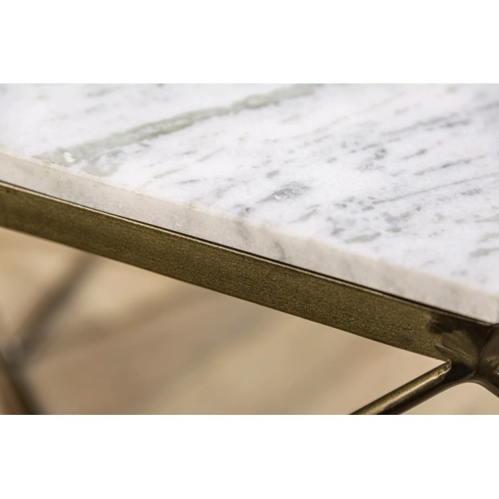 Zoom sur la tranche du plateau de la table basse NEXORA 70cm avec plateau en marbre blanc