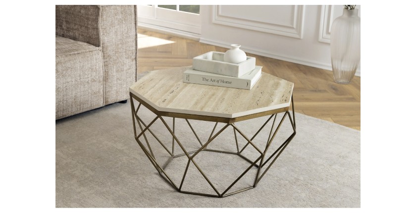 Table basse NEXORA 70cm en travertin vue de haut