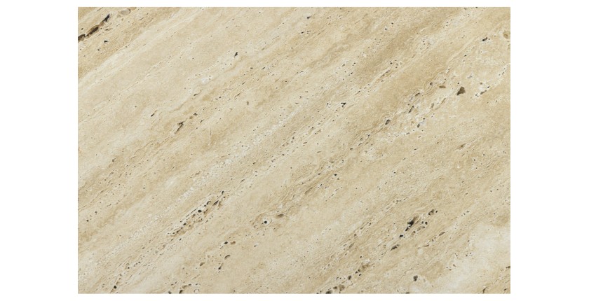 Zoom sur la texture du plateau de la table basse NEXORA 70cm en travertin