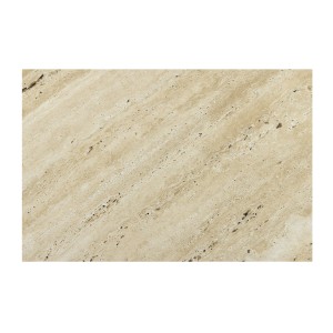 Zoom sur la texture du plateau de la table basse NEXORA 70cm en travertin