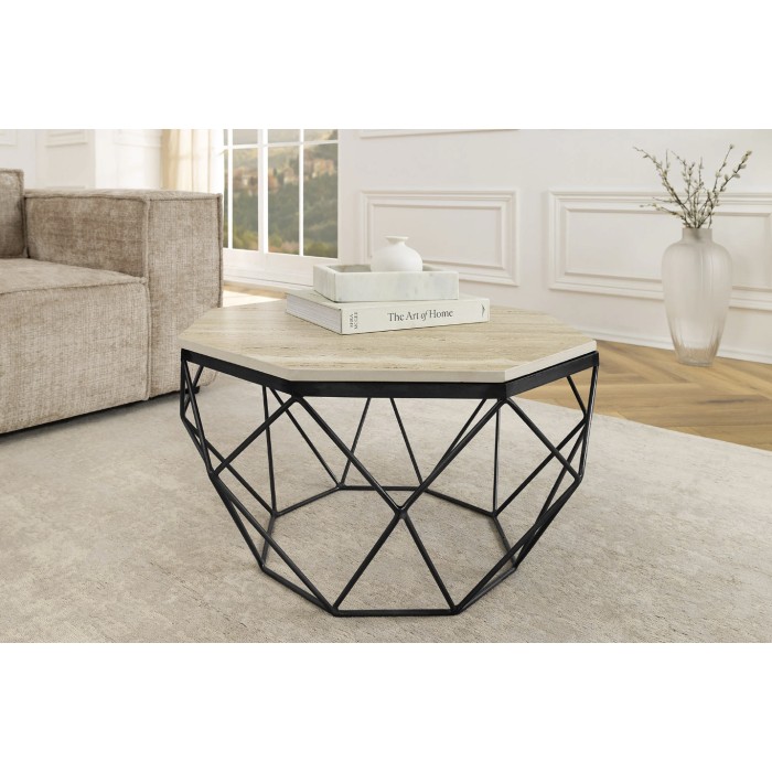 Table basse NEXORA 70cm en travertin et métal noir vue de face