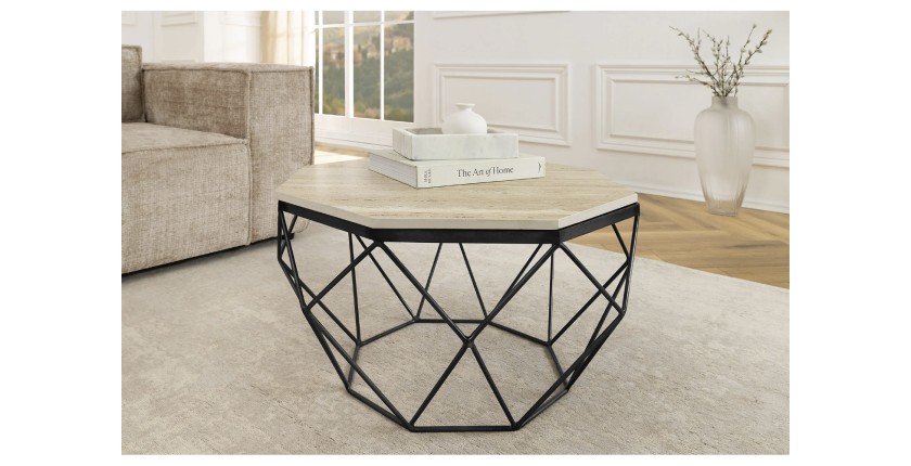 Table basse NEXORA 70cm en travertin et métal noir vue de face