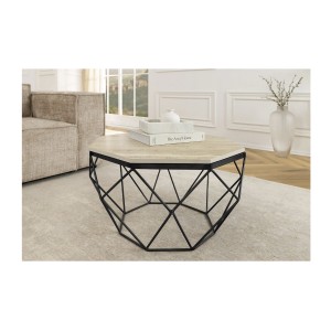 Table basse NEXORA 70cm en travertin et métal noir vue de face