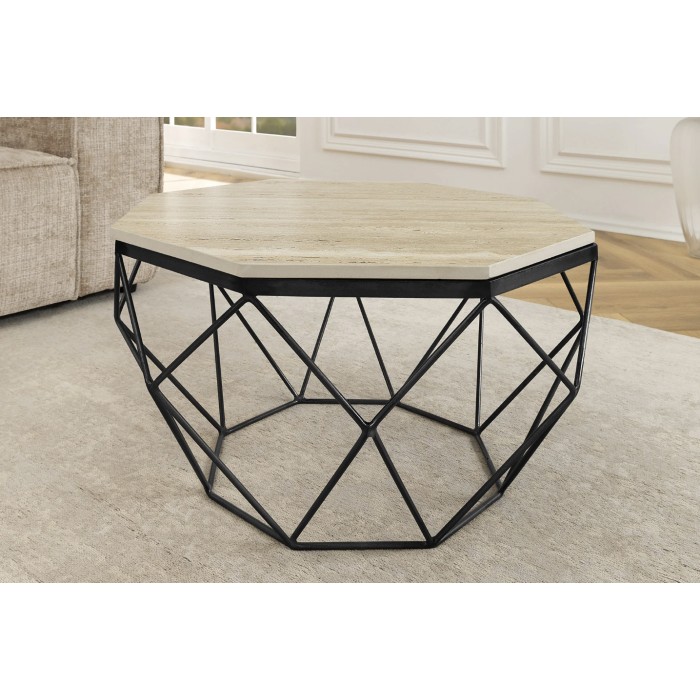 Table basse NEXORA 70cm en travertin et métal noir mise en situation