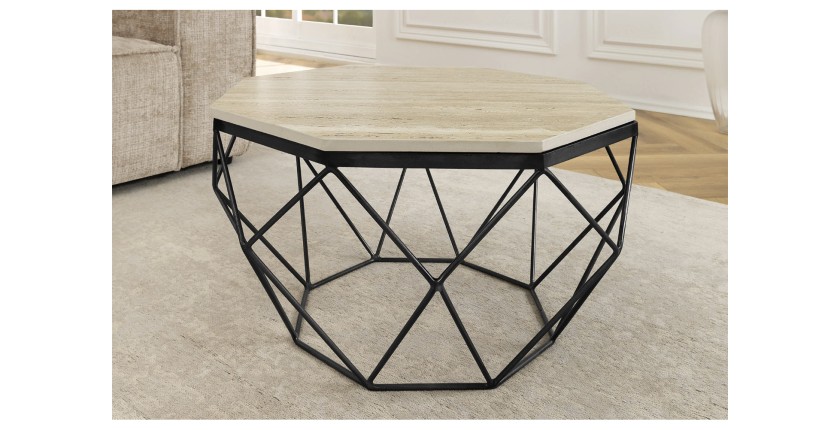 Table basse NEXORA 70cm en travertin et métal noir mise en situation
