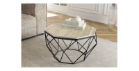 Table basse NEXORA 70cm en travertin et métal noir vue de haut