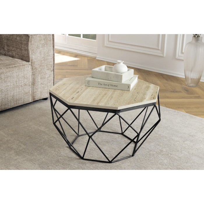 Table basse NEXORA 70cm en travertin et métal noir vue de haut