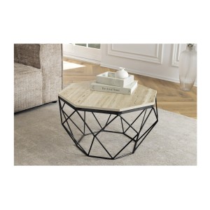 Table basse NEXORA 70cm en travertin et métal noir vue de haut