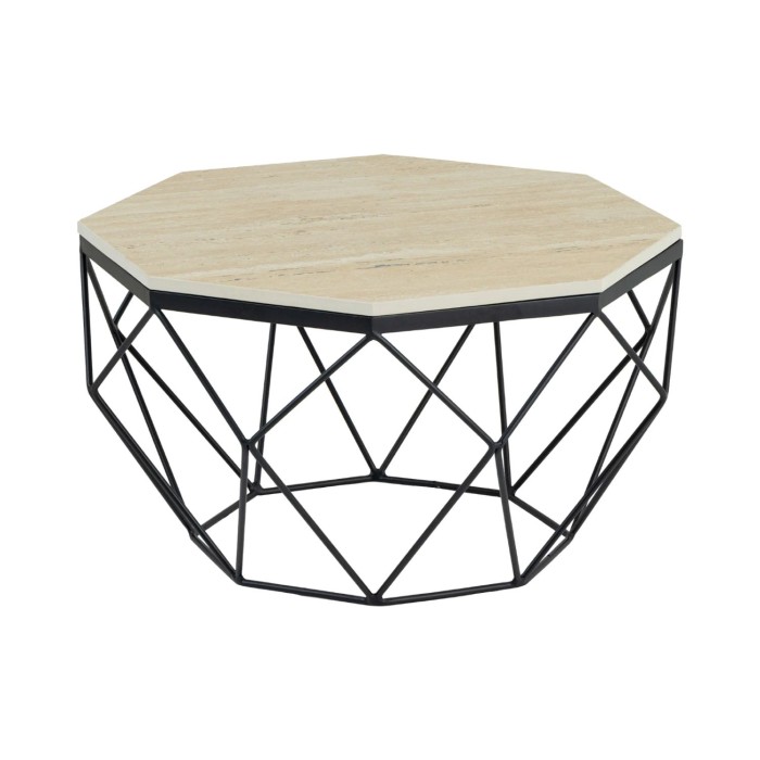 Table basse NEXORA 70cm en travertin et métal noir