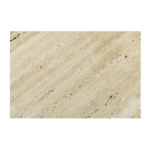 Zoom sur la texture du plateau de la table basse NEXORA 70cm en travertin et métal noir
