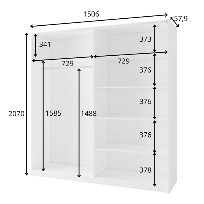 Armoire 2 portes coulissantes avec miroir - 150 cm- blanc alpin mat - collection ARSALA