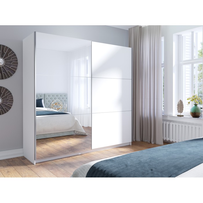 Armoire 2 portes coulissantes avec miroir - 150 cm- blanc alpin mat - collection ARSALA