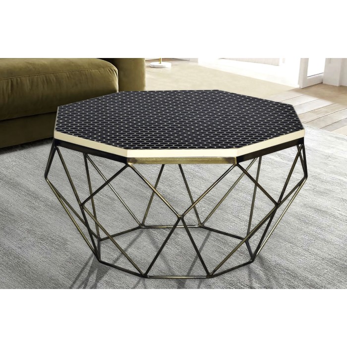 Tavolino basso NEXORA 69 cm in poliresina nera e ferro con finitura in ottone e design geometrico