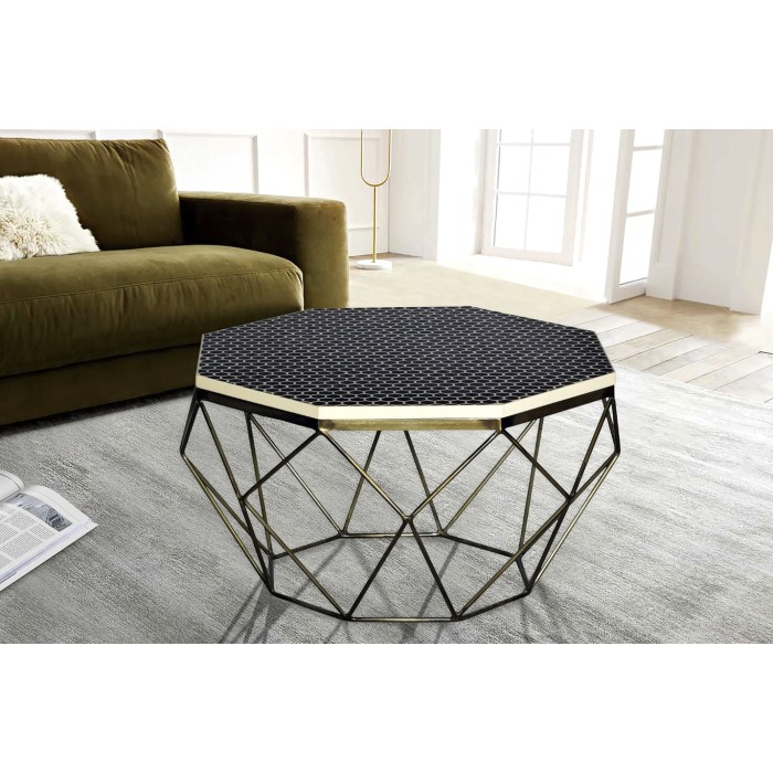 Tavolino basso NEXORA 69 cm in poliresina nera e ferro con finitura in ottone e design geometrico