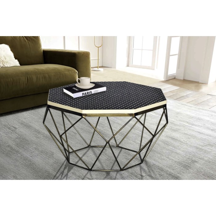 Tavolino basso NEXORA 69 cm in poliresina nera e ferro con finitura in ottone e design geometrico