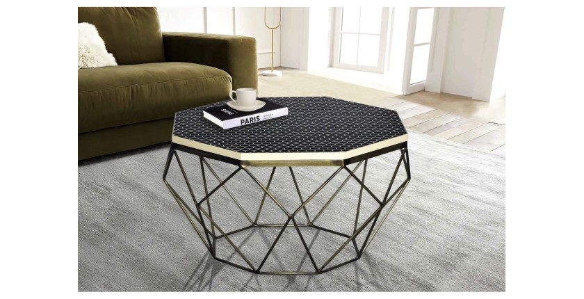 Table basse NEXORA 69cm polyrésine noire vue de face et de haut