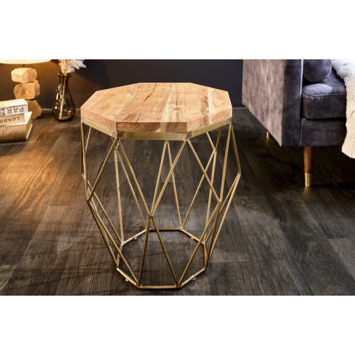 Table basse NEXORA 50 cm Akazienholz-Optik und Eisen Messing-Finish geometrisches Design