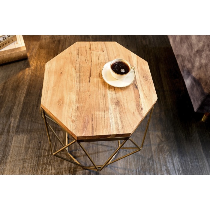 Table basse NEXORA 50 cm Akazienholz-Optik und Eisen Messing-Finish geometrisches Design