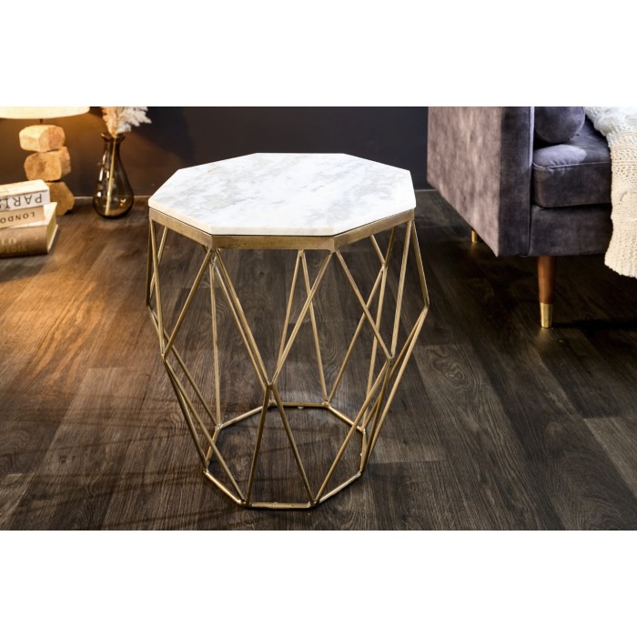 Tavolino basso NEXORA 50 cm in marmo bianco e ferro ottone con design geometrico