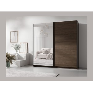 Armoire ARSALA 2 portes coulissantes avec miroir coloris noyer 151 cm