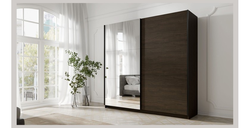 Armoire ARSALA 2 portes coulissantes avec miroir coloris noyer 151 cm