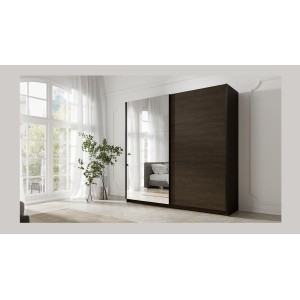 Armoire ARSALA 2 portes coulissantes avec miroir coloris noyer 151 cm