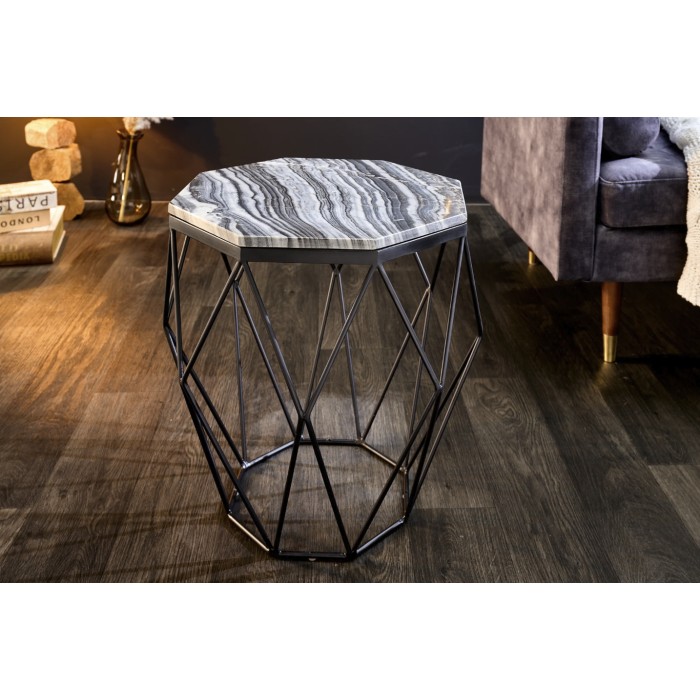 Tavolino basso NEXORA 50 cm in marmo grigio e metallo nero design geometrico