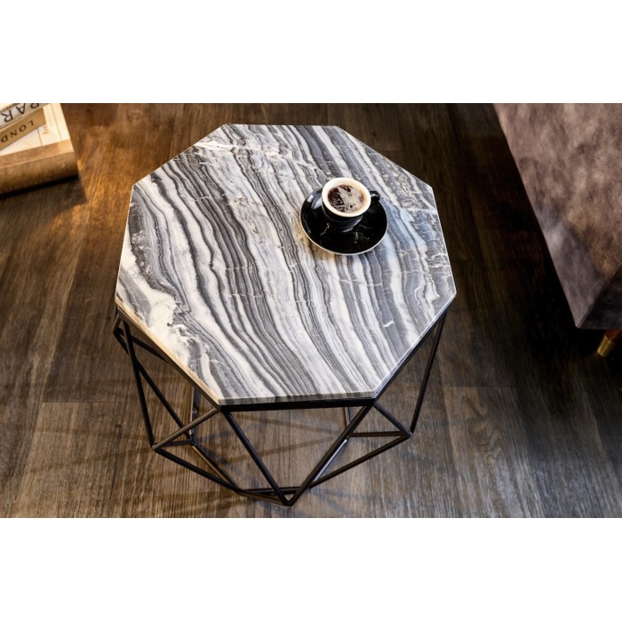 Tavolino basso NEXORA 50 cm in marmo grigio e metallo nero design geometrico