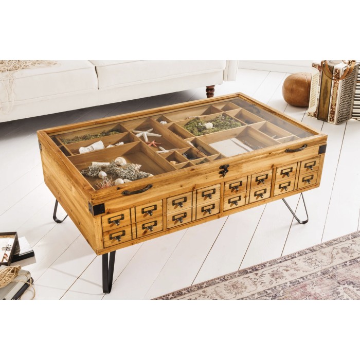 Tavolino basso CURIONA 100 cm con piano in vetro e 8 cassetti stile industriale