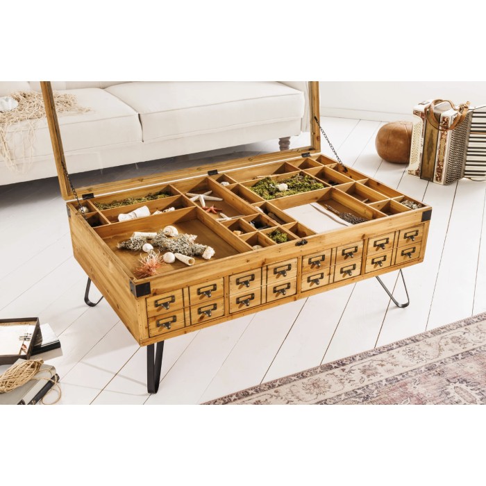 Tavolino basso CURIONA 100 cm con piano in vetro e 8 cassetti stile industriale