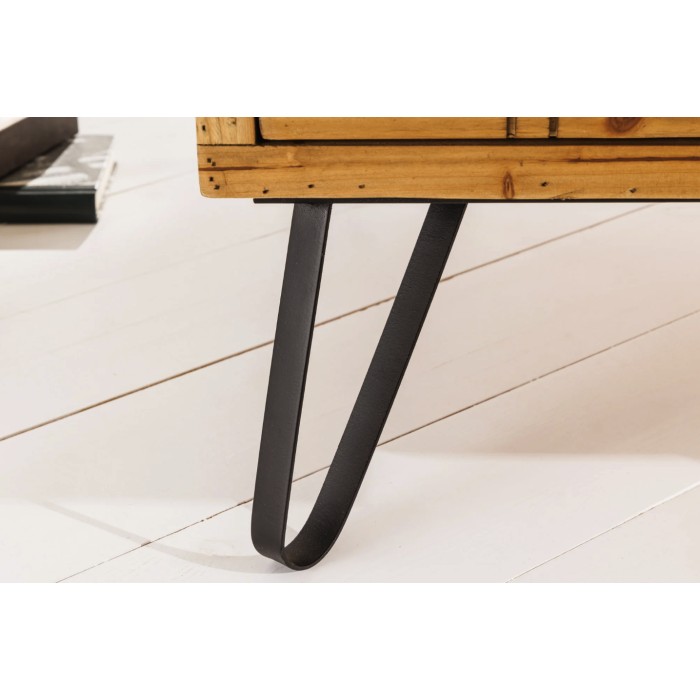 Tavolino basso CURIONA 100 cm con piano in vetro e 8 cassetti stile industriale