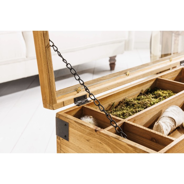 Tavolino basso CURIONA 100 cm con piano in vetro e 8 cassetti stile industriale