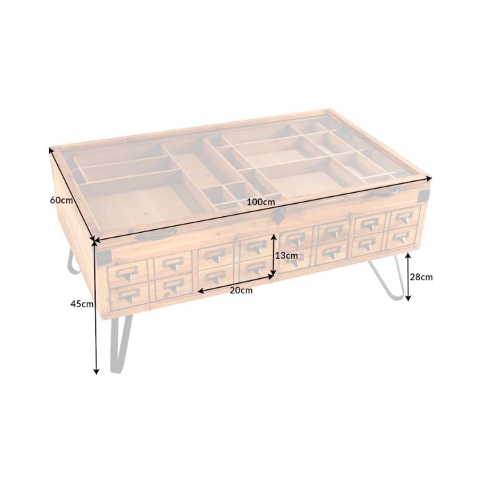 Tavolino basso CURIONA 100 cm con piano in vetro e 8 cassetti stile industriale