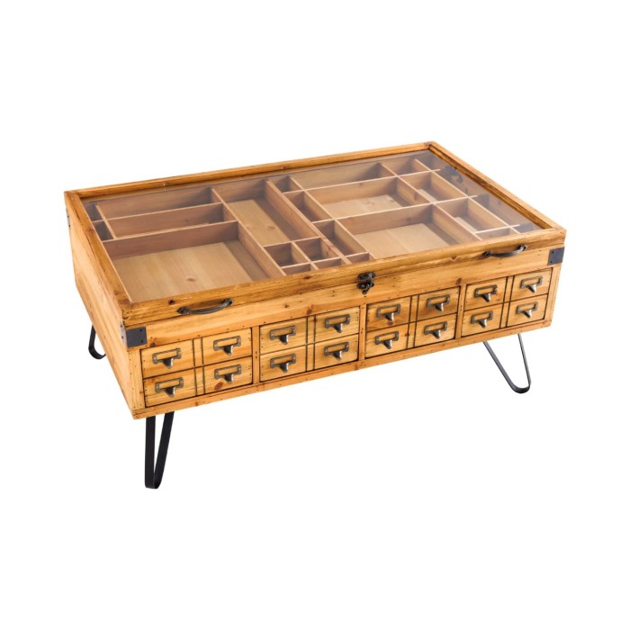 Tavolino basso CURIONA 100 cm con piano in vetro e 8 cassetti stile industriale